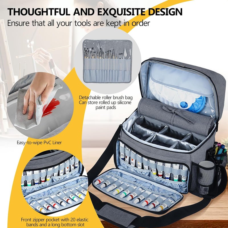 POCDUORG Store Acrylic Paint and Brush Set Organizer Bag - Carrying Case Compatible with Apple Barrel, Shuttle Art, Caliart Art Supplies - Includes Detachable Paint Brush Holder - for Travel/Outdoor Sketching (Gray) - Image 4